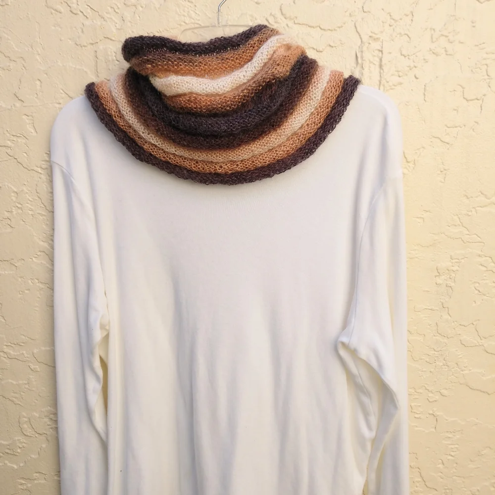 Cowl Scarf Hand Crafted Thin Knit Brown Tan Cream Stripes Hooded Winter Stripes